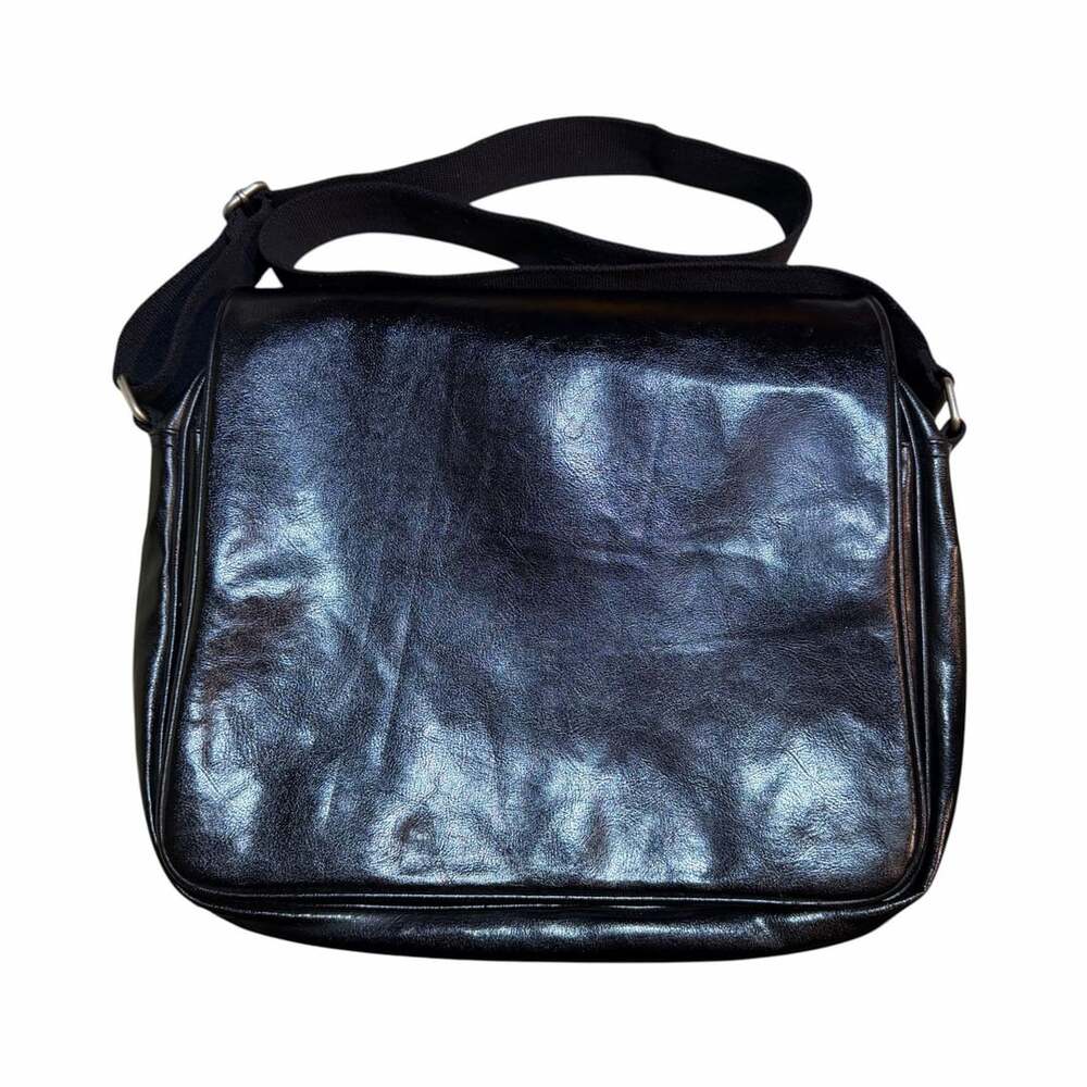Black Faux Leather Messenger Bag with Adjustable Strap